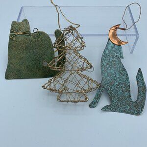 Set of 3 Rustic Metal Ornaments - Green Cat, Copper Moon Wolf, Gold Wire Tree